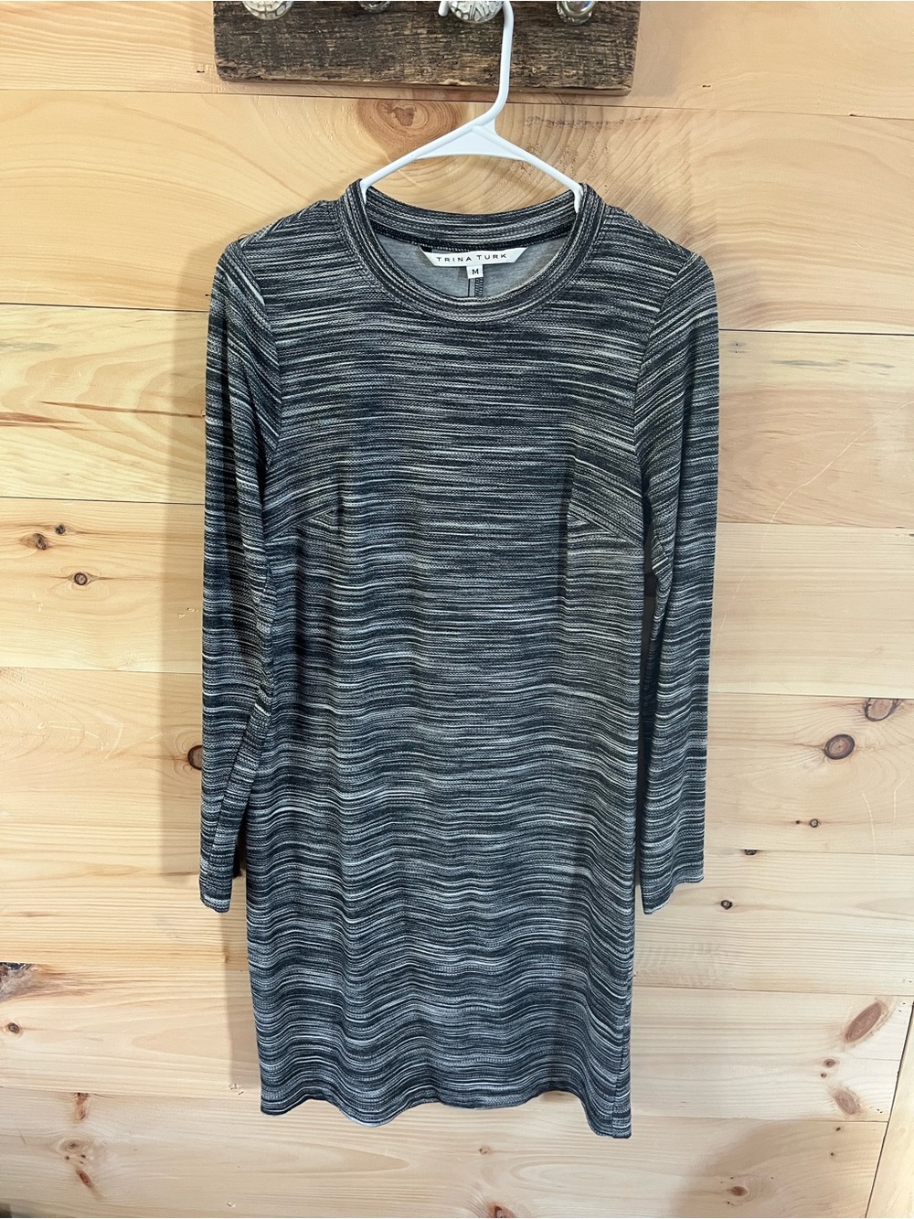 Trina Turk Sheath Dress Bellingham Womens Small Gray Knit Stretch Long Sleeve M
